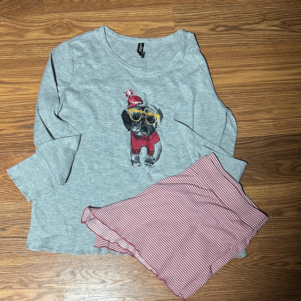 Ambrielle Pajama Set XL Dog Graphic Top & Striped Shorts Cozy Lounge